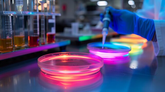 Bright, colorful plate glows in a science lab.