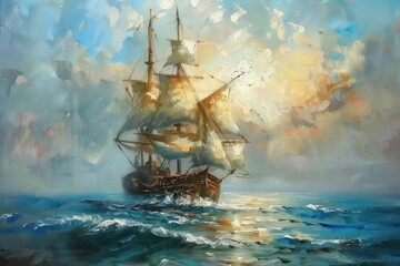 Fototapeta premium Old Ships. Sailing Boat and Fisherman in the Ocean with Nautical Landscape