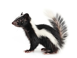 Obraz premium Skunk Isolated. Cute Classic Black and White Striped Skunk, Young and Adorable, Standing Sideways on White Background