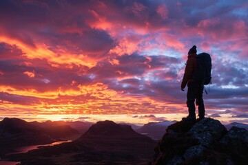 Obraz premium Young Adult Travel. Silhouetted Hiker Standing on Mountain at Dramatic Sunset in Assynt, Scotland