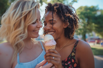 Interracial young couple sharing ice cream in the park, concept of love and happiness, National Girlfriend Day