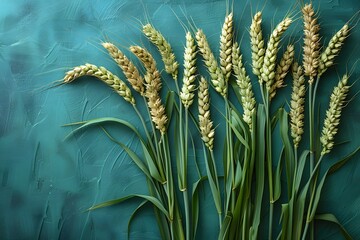 Bountiful Wheat Ears on Textured Turquoise Background - Nature, Agriculture, Harvest Concept