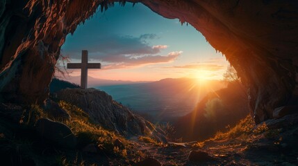 Silhouette of Easter and Good Friday concept. empty tomb with cross on mountain with amazing sunrise. Creative idea Easter. Religion and Christianity. Open empty cave with sunset view. 