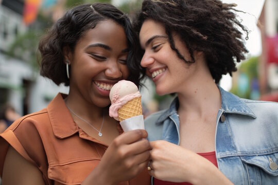 Interracial young couple enjoying ice cream together, concept of love and joy, National Girlfriend Day