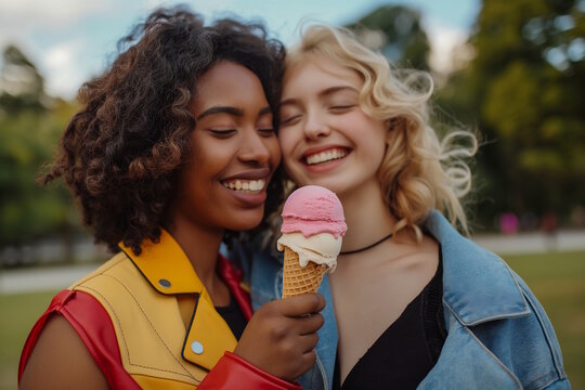 Interracial young couple sharing an ice cream cone, concept of love and joy, National Girlfriend Day