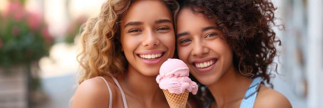 Interracial young couple sharing an ice cream cone close up, concept of love and joy, National Girlfriend Day