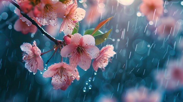 Rain drenched pink spring flowers with blurry and soft flower plants in the background