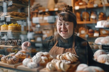 Young woman with Down syndrome working as a sales assistant in a bustling bakery, delighting customers with her cheerful demeanor and passion for pastries
