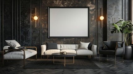 Elegant black and white living room with a large empty frame hanging on the wall. The room was equipped with a sofa, two chairs, a table and a vase of flowers as well as a large window