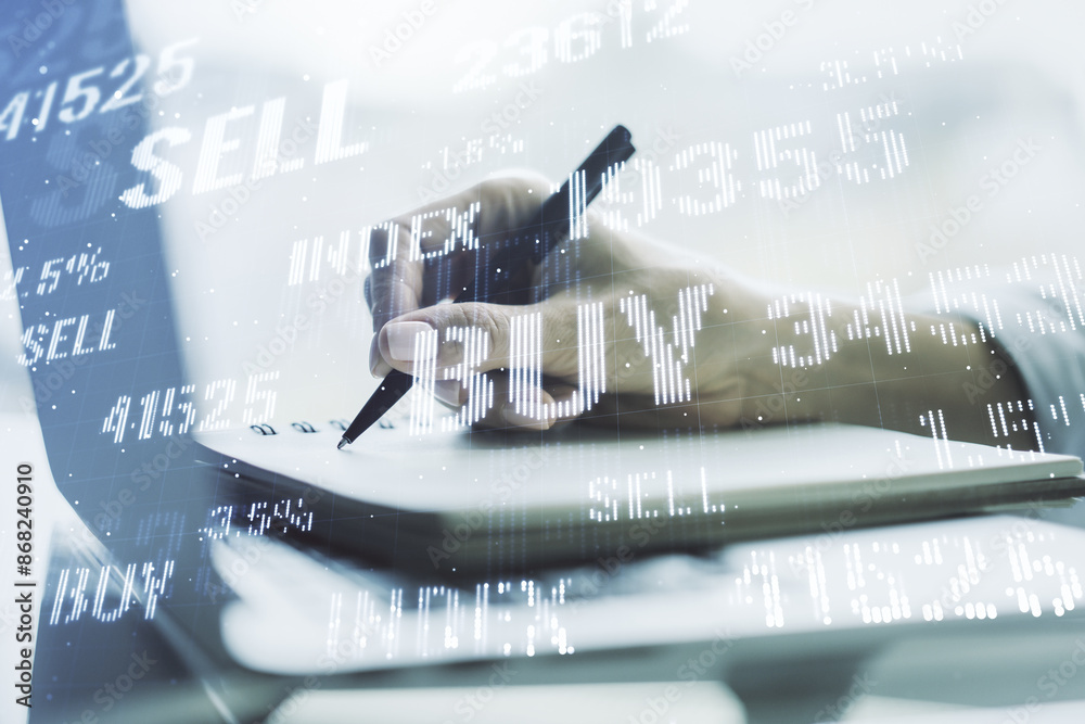 Poster double exposure of abstract creative financial chart with hand writing in notebook on background, re