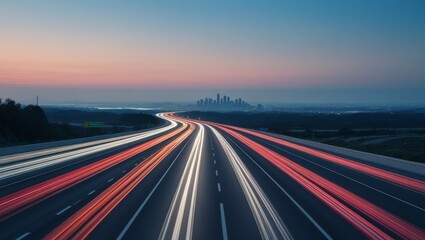 Obraz premium Blurry streaks of light from cars on a highway at night