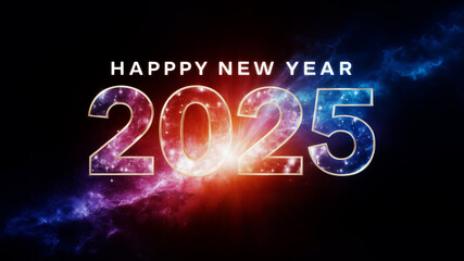 Illustration of Happy New Year message 2525 on a colorful Galaxy background in space.