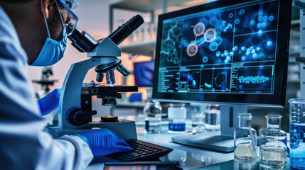 Fototapeta premium a researcher examining a slide under a microscope, blue gloves visible