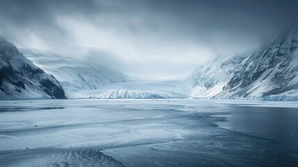 Majestic snowy mountains and a frozen lake under a moody sky, capturing the serene beauty of a winter landscape.