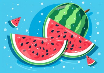 Fototapeta premium National Watermelon Day banner with watermelons, flat vector illustration design for summer holiday vacation poster or card template isolated on blue background. summer fruit festival poster