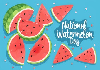 National Watermelon Day banner with watermelons, flat vector illustration design for summer holiday vacation poster or card template isolated on blue background. summer fruit festival poster