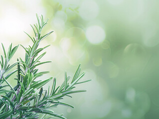 Rosemary plant green leaves on white background with copy space, clear gradient background image of rosemary plant.