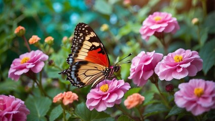 Naklejka premium Butterfly Rests Serenely Amongst Garden's Blossoms