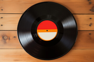 Retro LP vinyl records on wooden table. Generative AI
