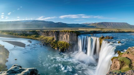 A waterfall flowing over a cliff into a wide river, with mountains in the background and a clear blue sky above