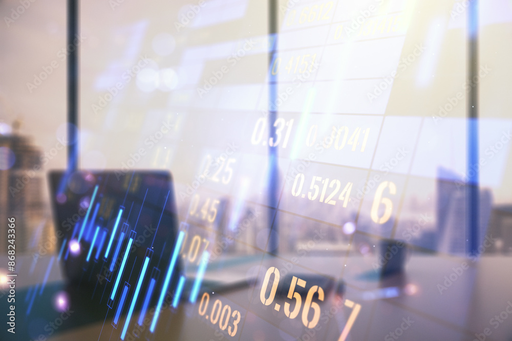 Poster multi exposure of abstract creative financial chart and modern desktop with laptop on background, re
