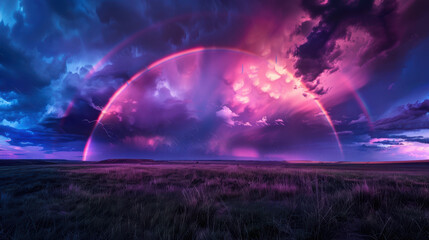 a vivid rainbow arching over dark, brooding storm clouds at dusk, intense purple and blue hues in the sky