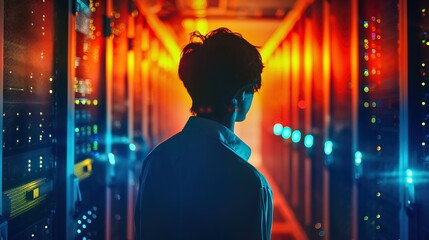 IT Engineer Examining Server Racks in a Company Data Center