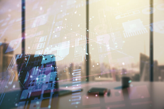 Multi exposure of abstract programming language hologram and modern desk with computer on background, artificial intelligence and machine learning concept
