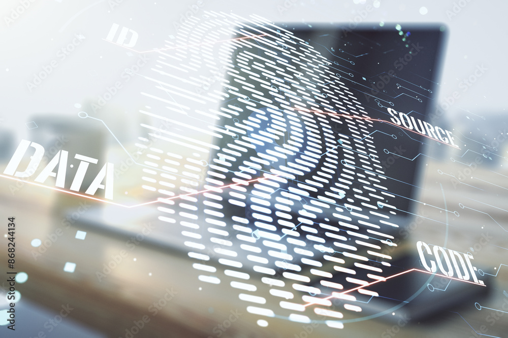 Poster abstract creative fingerprint illustration and modern desktop with pc on background, personal biomet