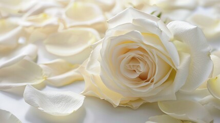 Gift Cards White Background. White Rose and Petals Perfect for Wedding, Birthday, Valentine's Day