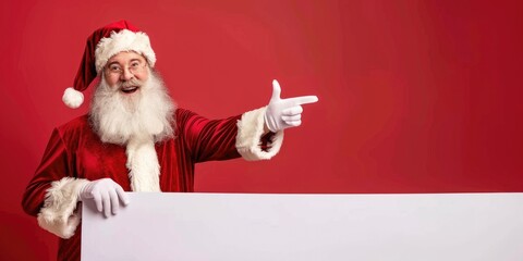 Naklejka premium Merry Christmas Santa Claus holding blank advertisement banner with copy space on festive background