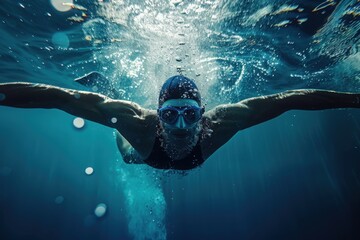 A triathlete gliding through open water, viewed from underwater perspective, showcasing fluid motion and effortless form, capturing the essence of dynamic training in triathlon
