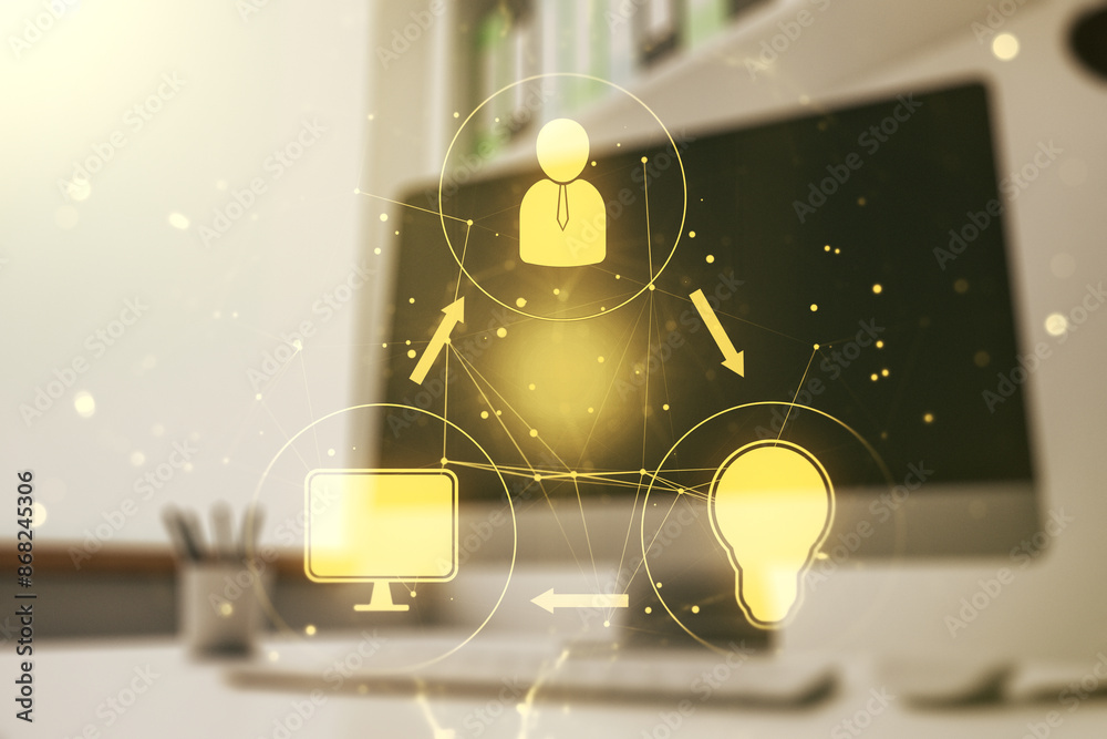 Poster double exposure of social network icons concept and modern desktop with laptop on background. market