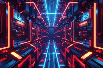Futuristic Sci-Fi Corridor with Neon Lights. A 3D Illustration