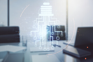Creative idea concept with light bulb and microcircuit illustration and modern desktop with computer on background. Neural networks and machine learning concept. Multiexposure