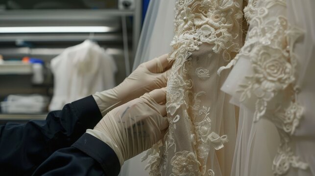 Expert dry cleaner meticulously handling a wedding gown, ensuring perfect preservation and meticulous cleaning to maintain its pristine condition for the bride's special day