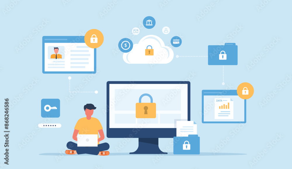 Poster flat vector illustration design business  data protection and internet cyber security concept . people sitting  working with a computer monitor. 
