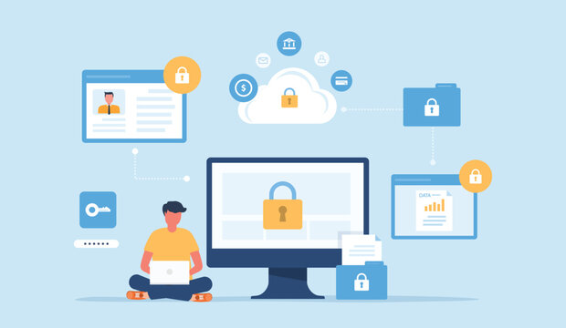 flat vector illustration design business  data protection and internet cyber security concept . people sitting  working with a computer monitor. 
