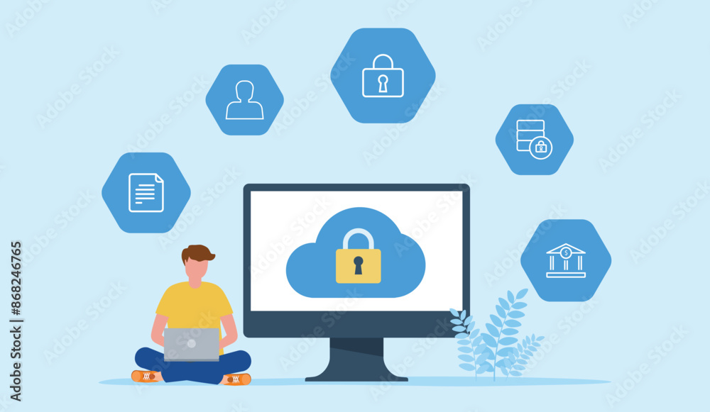Aufkleber flat vector illustration design business  data protection and internet cyber security concept . people sitting  working with a computer monitor. 
