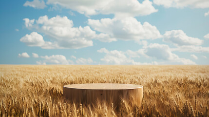 empty wooden podium in wheat field against clouds blue sky for product placement.