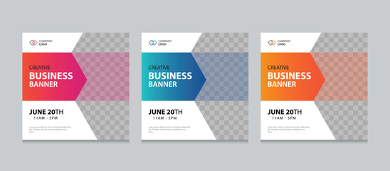 Set of Editable square business web banner design template. Suitable for social media post, instagram story and web ads. Vector illustration with Space to add pictures.