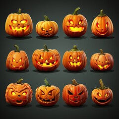 Set of Halloween pumpkins icons stickers. Isolated set of jack-o'-lanterns for Halloween. Scary pumpkin stickers icons.