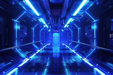 Fototapeta premium Futuristic Sci-Fi Spaceship Corridor with Blue Neon Lights. A 3D Rendered Illustration