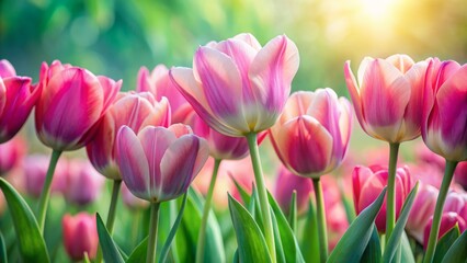 Obraz premium Vibrant tulip blossoms in soft pink and green hues fill the frame against a lush green and rose-tinted background.