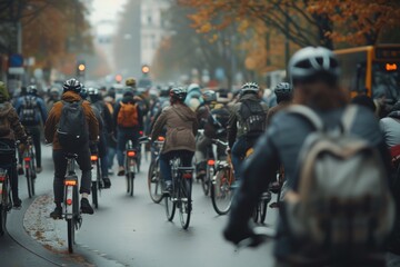 Numerous bicycles blocked city streets and caused traffic jams in city. Cyclists protesting against tax increases, changes in law, abolition of benefits on protest rally in street