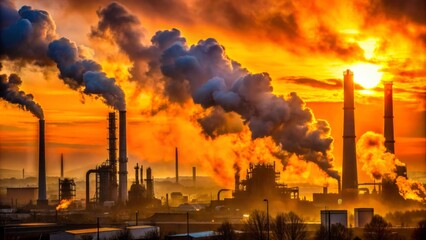 Vibrant orange sky with industrial smokestacks silhouetted, emitting plumes of pollution, against a backdrop of darkened factory buildings landscape.