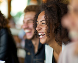 A group of friends sharing a laugh at a coffee shop, representing happiness and light-heartedness, with a cozy interior and steaming cups of coffee