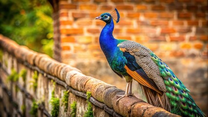 Obraz premium Peacock perched elegantly on a rustic wall, peacock, bird, colorful, wall, feathers, elegant, vibrant, wildlife, animal