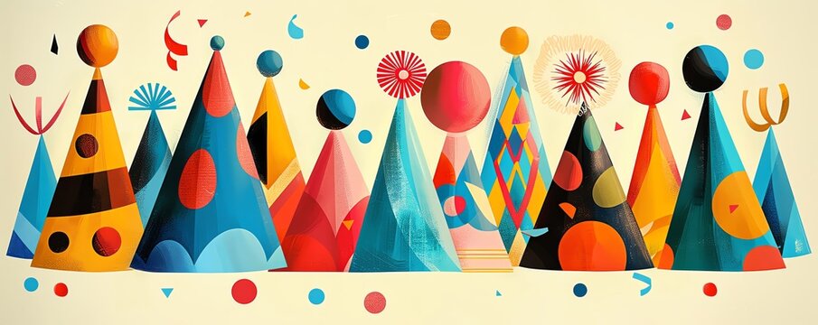 Festive party hats, scattered confetti, flat design illustration