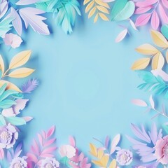 Pastel paper flowers and leaves frame on blue background. Floral backdrop with copy space for spring, summer, sale, Mother's Day, or wedding
